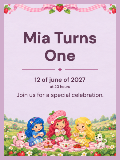 Interactive digital children’s birthday invitation template for girls: Strawberry Shortcake and Friends with RSVP