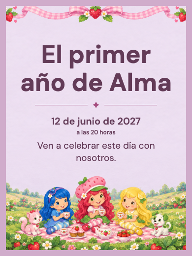 Modelo de invitación digital interactiva de cumpleaños infantil para niña: Tarta de Fresa y Amigas con RSVP