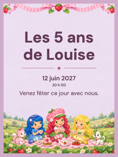 Modèle d’invitation numérique interactive d’anniversaire pour fille: Charlotte aux fraises et ses amis avec RSVP