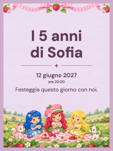 Modello di invito digitale interattivo di compleanno per bambina: Fragolina Dolcecuore e amici con RSVP
