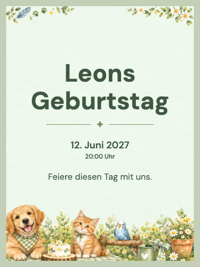 Digitale Einladung: Freunde mit Pfoten und Federn — Tiere und Natur