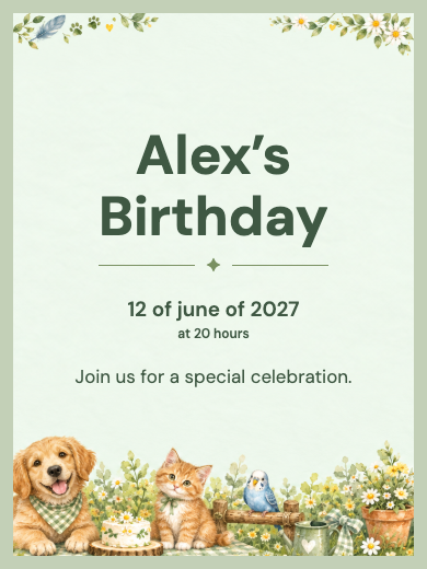 Interactive digital invitation template for Animals and nature: Paws and Feathers Friends with RSVP