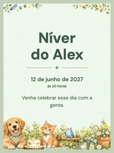 Modelo de convite digital interativo para Animais e natureza: Amigos de Patas e Penas com RSVP