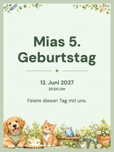 Digitale Geburtstagseinladung: Freunde mit Pfoten und Federn
