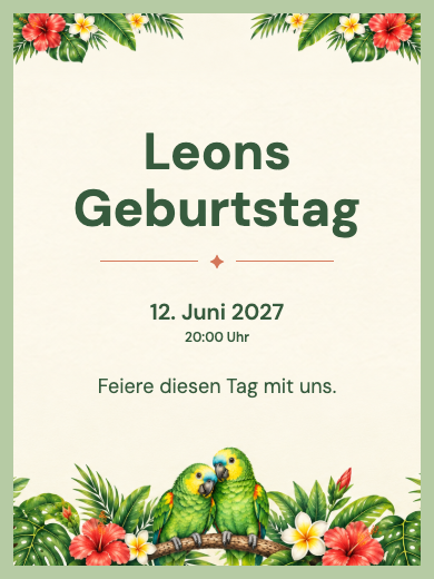 Vorlage für eine interaktive digitale Einladung für Tiere und Natur: Tropische Papageien mit RSVP