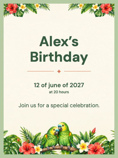 Interactive digital invitation template for Animals and nature: Tropical Parrots with RSVP