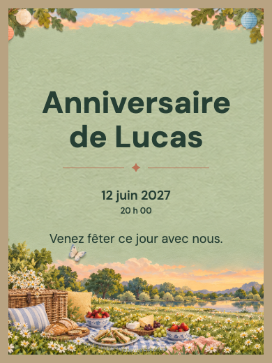 Invitation d’anniversaire numérique: Pique-nique champêtre