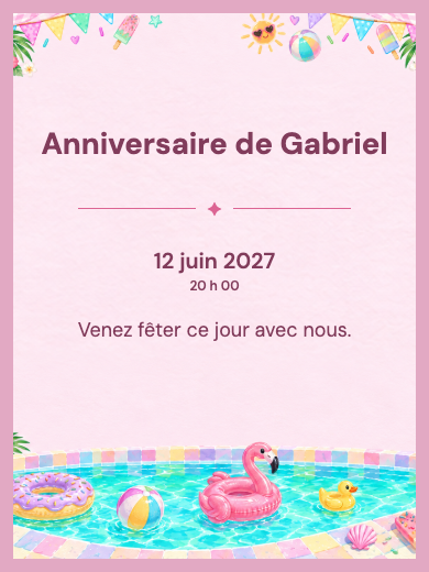 Invitation d’anniversaire numérique: Fête à la piscine avec flamants roses