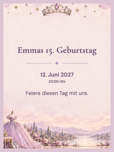 Vorlage für eine interaktive digitale Einladung zum 15. Geburtstag: Verzauberter 15. Geburtstag mit RSVP