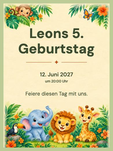 Digitale Geburtstagseinladung: Safari mit niedlichen Tieren