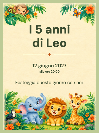Invito digitale di compleanno: Safari degli animaletti