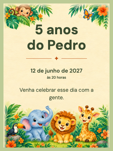 Convite digital de aniversário: Safari dos Bichinhos