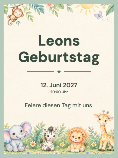 Digitale Geburtstagseinladung: Aquarell-Safari