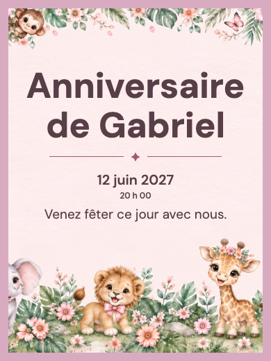 Invitation d’anniversaire numérique: Safari fille aquarelle