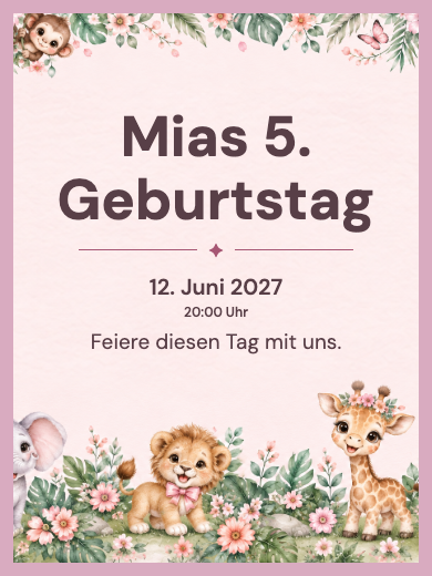Digitale Geburtstagseinladung: Aquarell-Safari für Mädchen