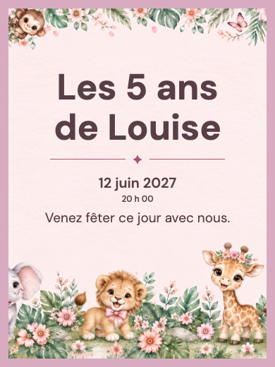 Invitation d’anniversaire numérique: Safari fille aquarelle