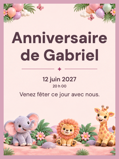 Invitation d’anniversaire numérique: Safari fille et ballons