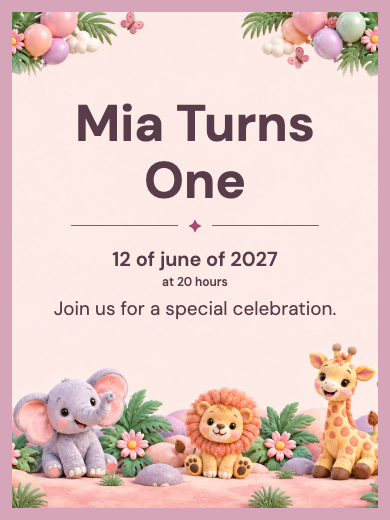 Digital invitation: Girl Safari Balloons — Animals and nature