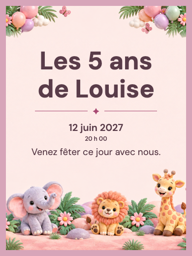 Invitation numérique: Safari fille et ballons — Animaux et nature