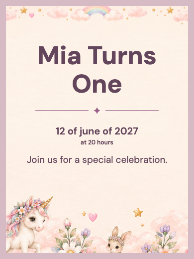 Interactive digital children&rsquo;s birthday invitation template for girls: Dream Unicorn with RSVP