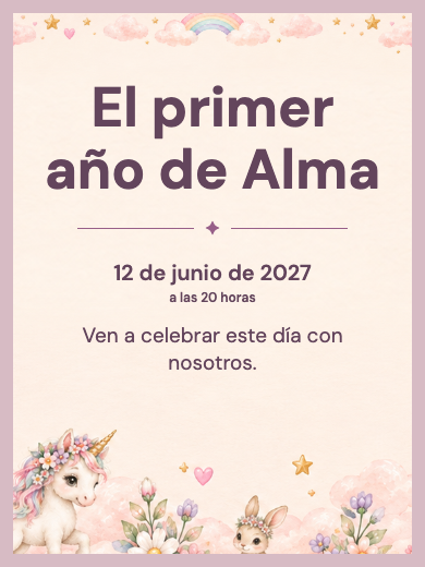 Modelo de invitaci&oacute;n digital interactiva de cumplea&ntilde;os infantil para ni&ntilde;a: Unicornio de los Sue&ntilde;os con RSVP
