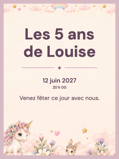 Mod&egrave;le d&rsquo;invitation num&eacute;rique interactive d&rsquo;anniversaire pour fille: Licorne de r&ecirc;ve avec RSVP
