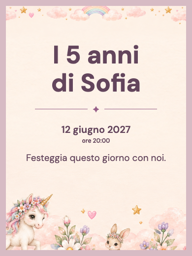 Modello di invito digitale interattivo di compleanno per bambina: Unicorno dei sogni con RSVP