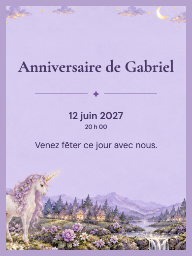 Invitation d’anniversaire numérique: Licorne lilas
