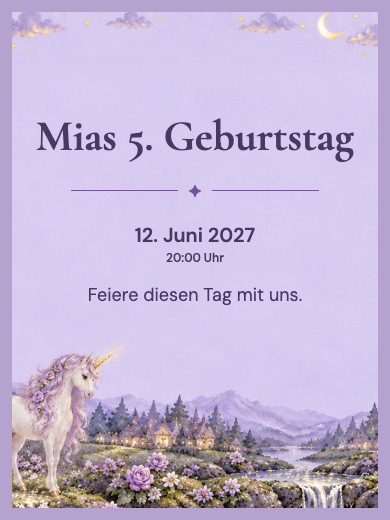 Digitale Geburtstagseinladung: Fliederfarbenes Einhorn