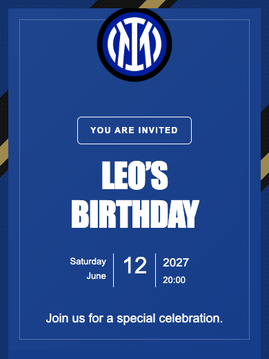 Digital birthday invitation: Inter de Milão