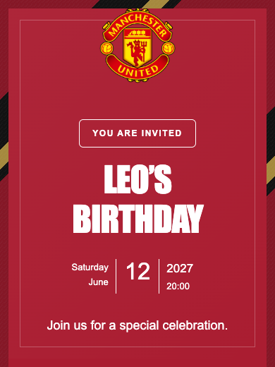 Digital birthday invitation: Manchester United