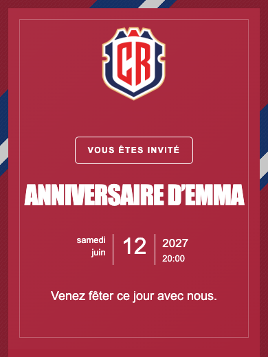 Invitation d’anniversaire numérique: Équipe nationale · Costa Rica
